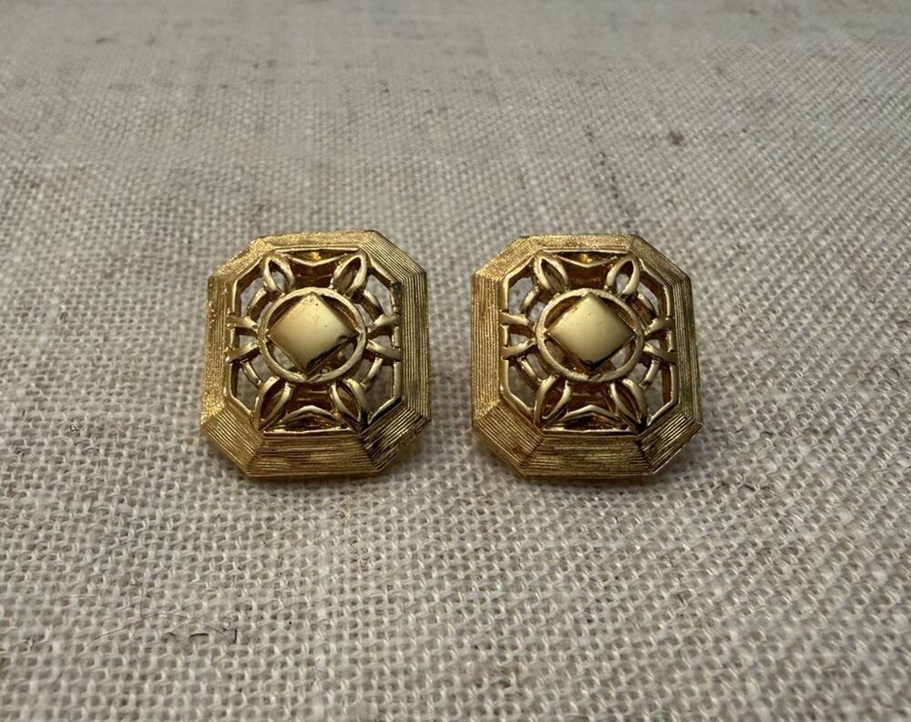 Vintage Monet Gold Tone Clip On Earrings Geometric Octagon Openwork Statement